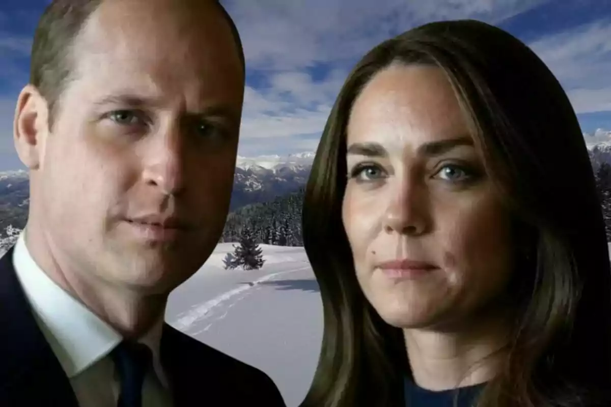 Two people pose in front of a snowy landscape with mountains and a blue sky. Two people pose in front of a snowy landscape with mountains and a blue sky.
