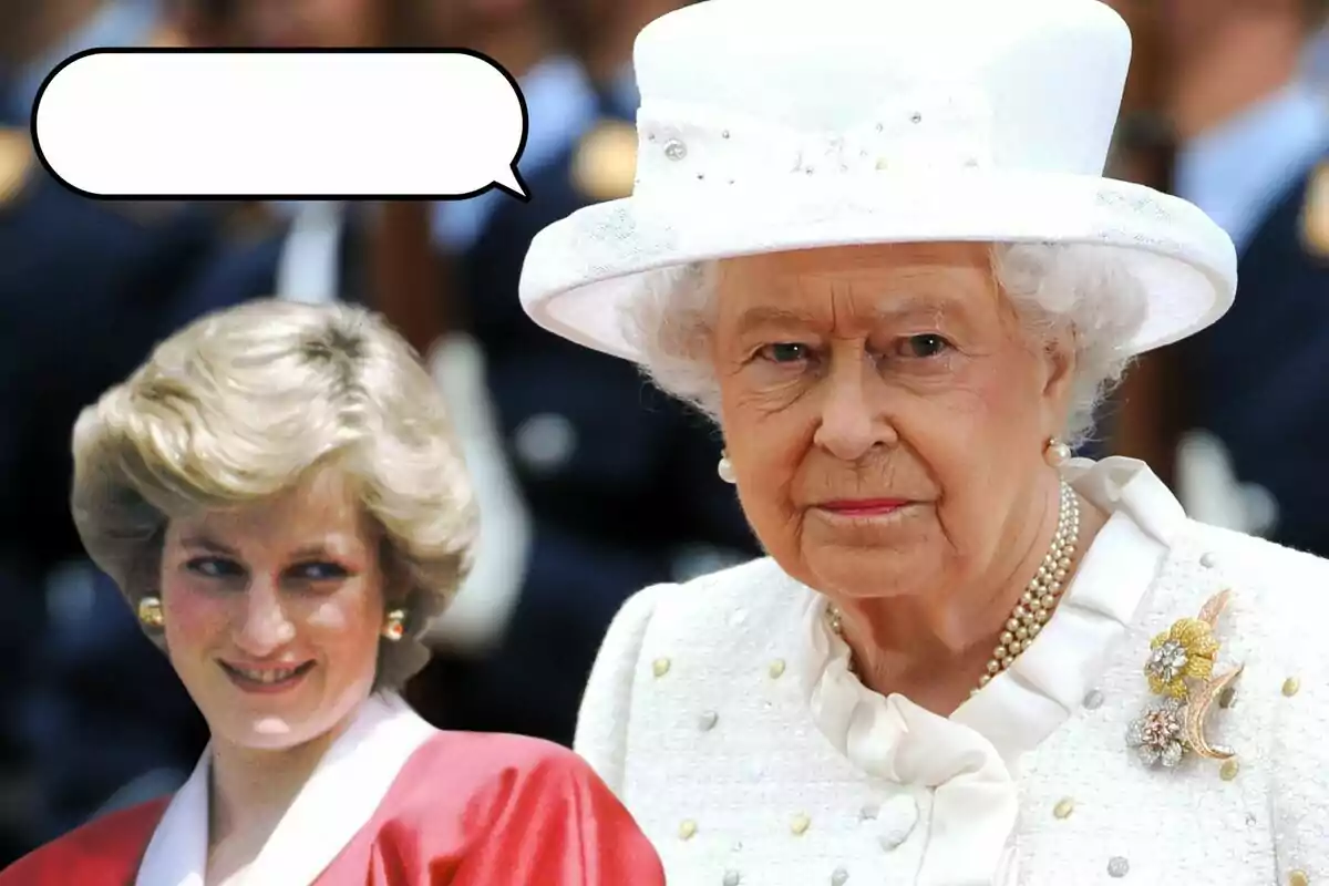 Lady Di and Elizabeth II dressed elegantly, one with a white hat and the other in a red dress, with an empty speech bubble above the woman in red. Lady Di and Elizabeth II dressed elegantly, one with a white hat and the other in a red dress, with an empty speech bubble above the woman in red.