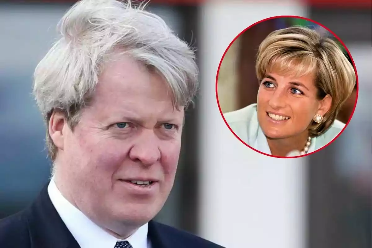 Grey-haired Charles Spencer with a circular image of Lady Di smiling in the top right corner. Grey-haired Charles Spencer with a circular image of Lady Di smiling in the top right corner.