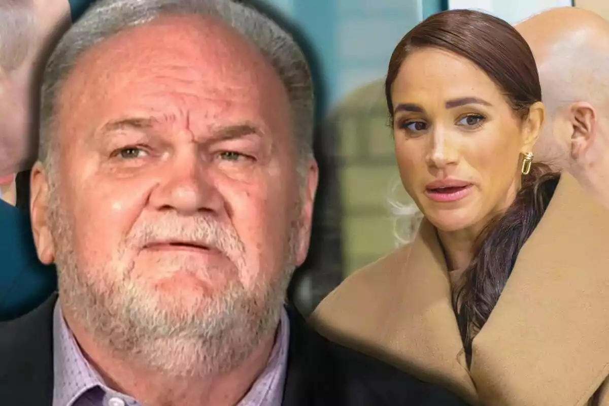 Close-up shot of a serious Thomas Markle with Meghan Markle in the background wearing a brown coat and looking to the side. Close-up shot of a serious Thomas Markle with Meghan Markle in the background wearing a brown coat and looking to the side.