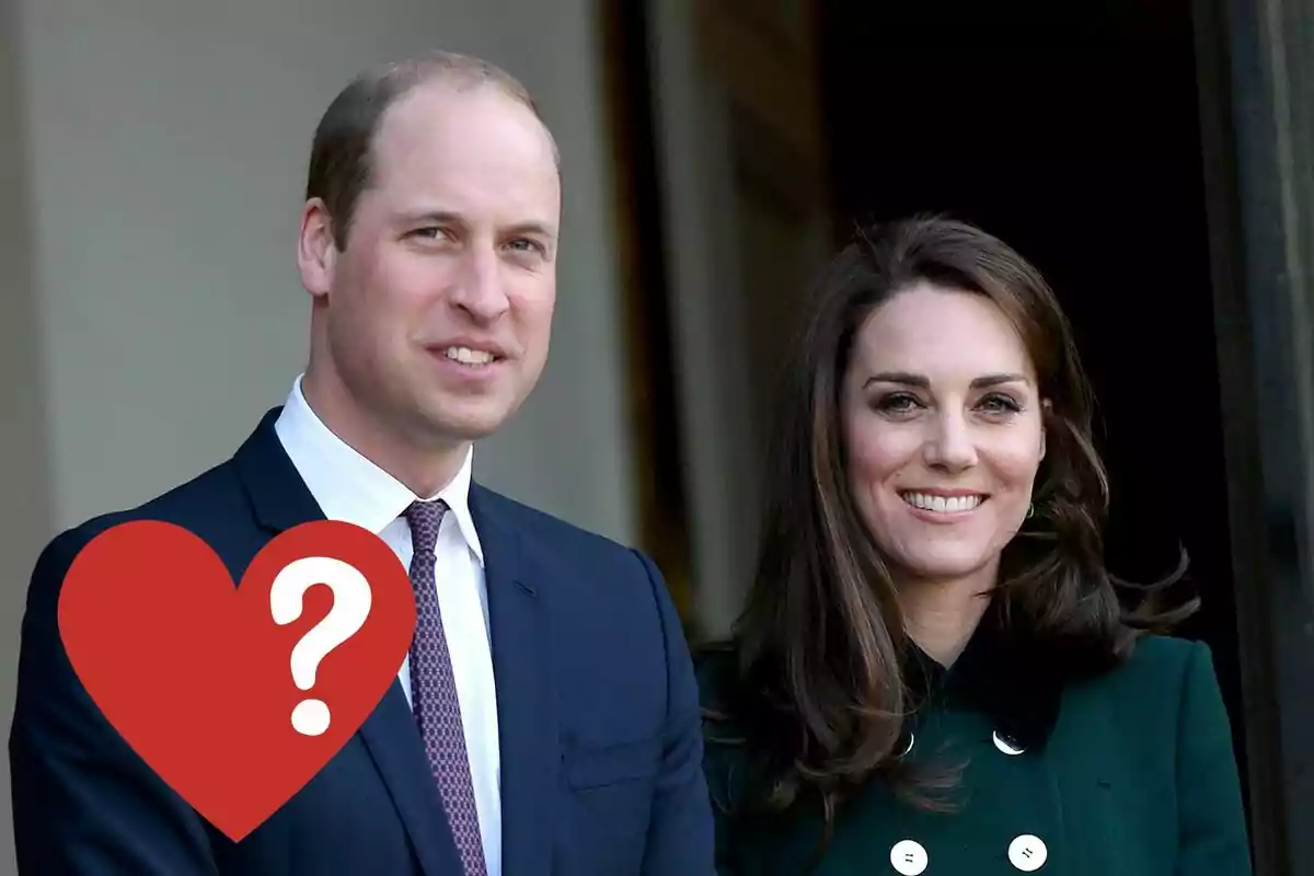 Prince William and a smiling Kate Middleton pose together, with a red heart and question mark superimposed in the bottom left corner.