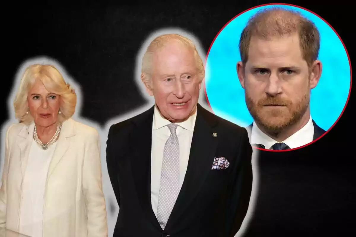 Queen Camilla and Charles III are together in the foreground while Prince Harry appears in a circle in the background.