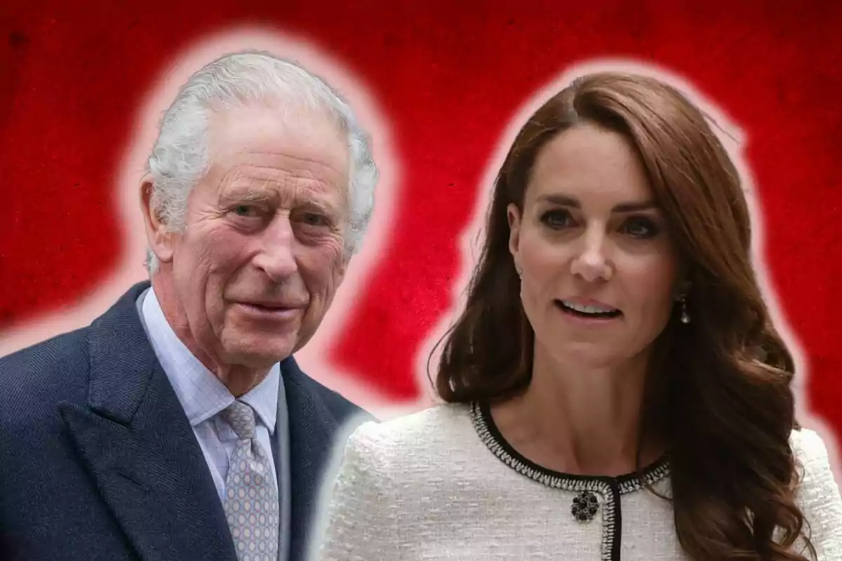 Charles III and Kate Middleton posing in front of a red background.