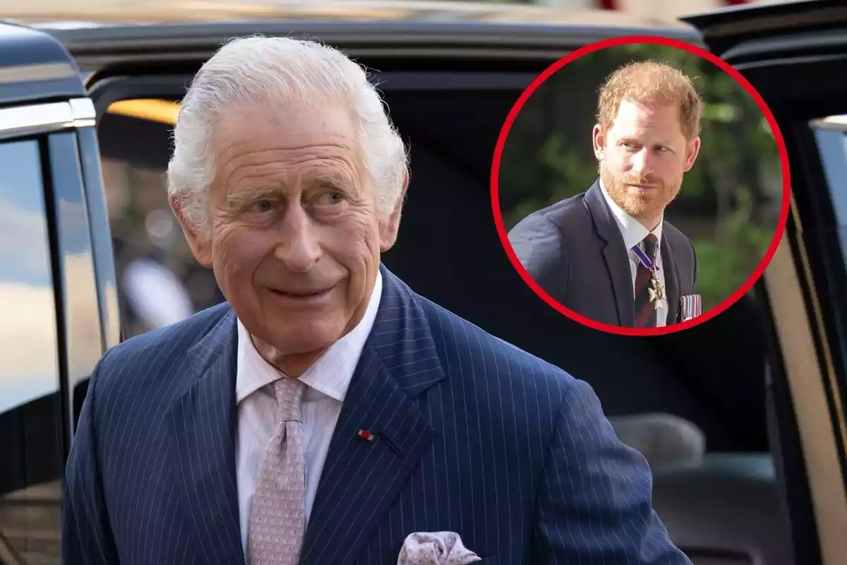 Montage of King Charles III looking sideways wearing a suit and small photo of Prince Harry looking away Montage of King Charles III looking sideways wearing a suit and small photo of Prince Harry looking away