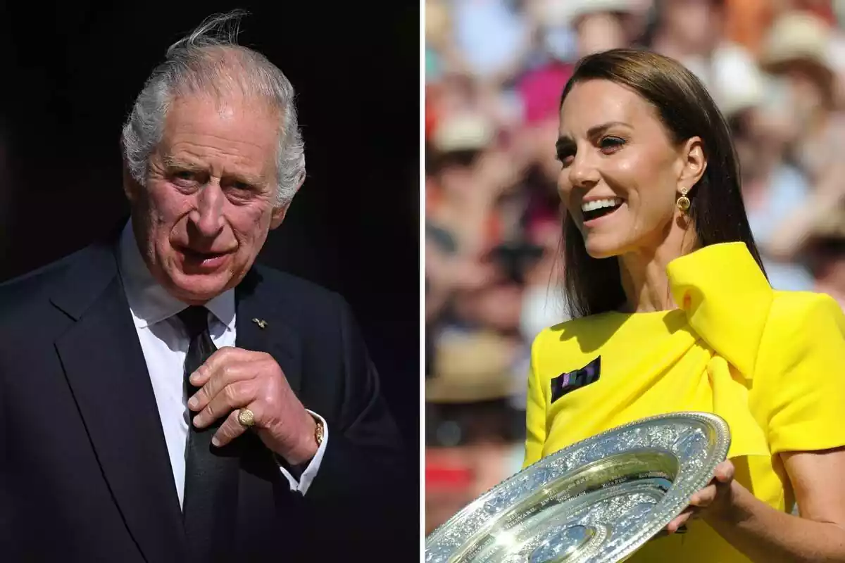 Montage with King Charles III serious in a black suit and Kate Middleton laughing in a yellow dress