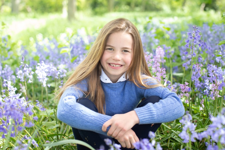 Portrait of Princess Charlotte sitting in a field of bluebells.
