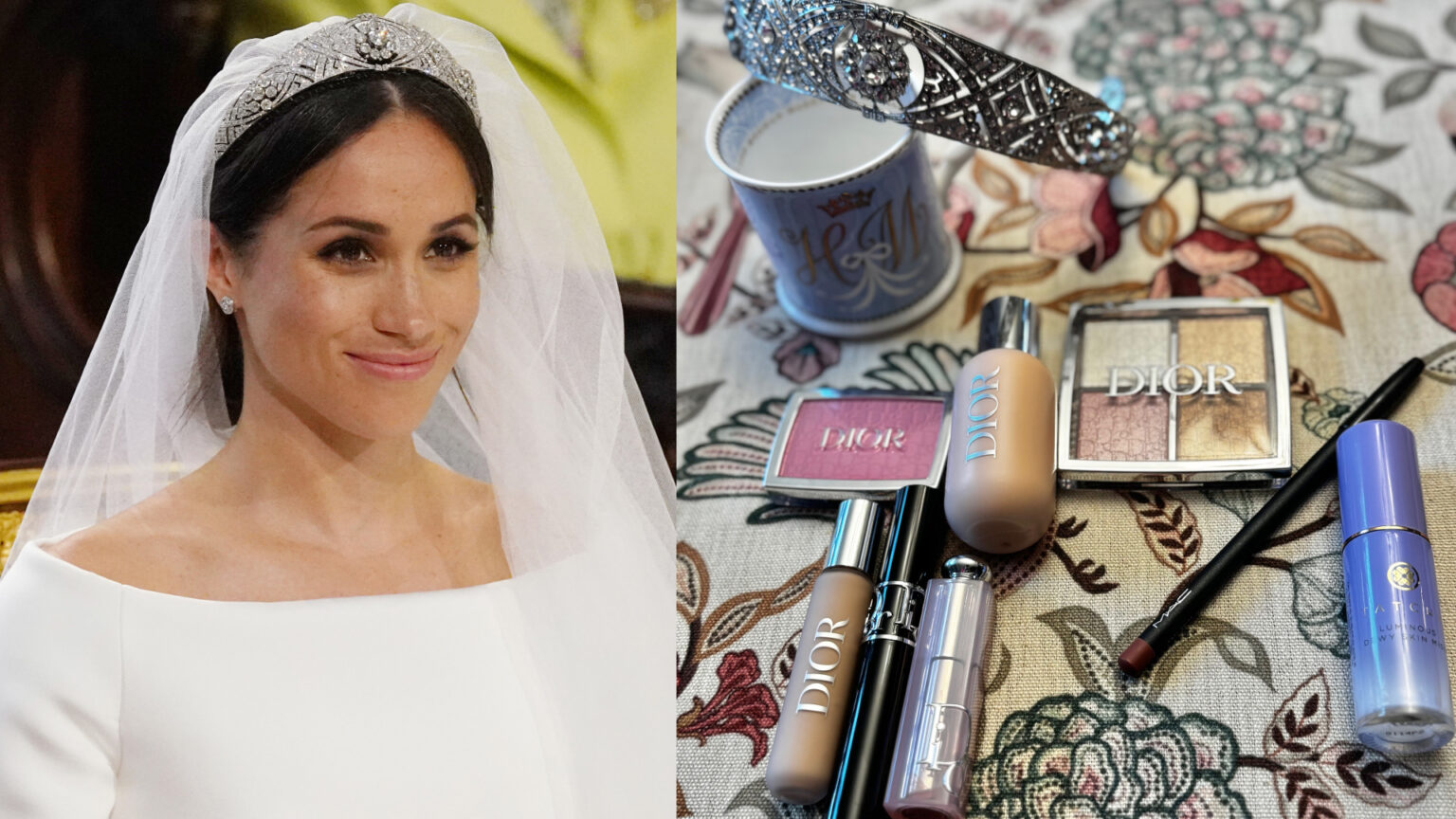 Meghan Markle on her wedding day next to a photo of makeup on a table
