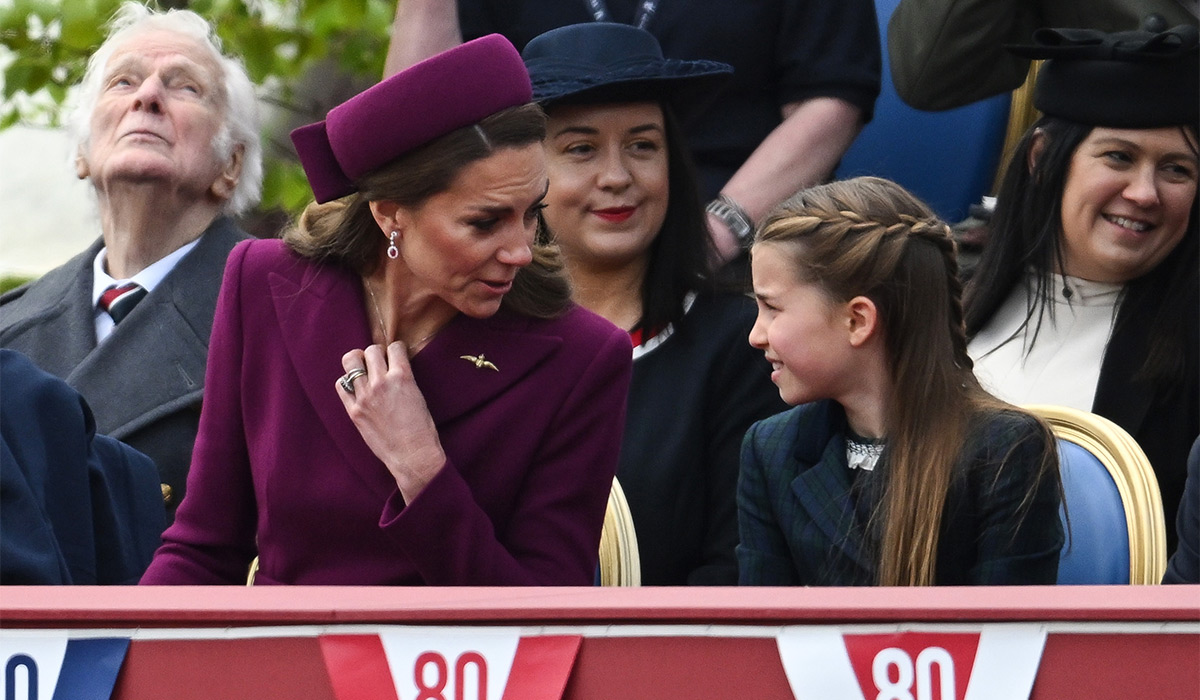 Catherine Princess of Wales and Princess Charlotte in the sitting area on The Mall during the Military Parade to Mark the 80th Anniversary of VE Day. Pic: REX