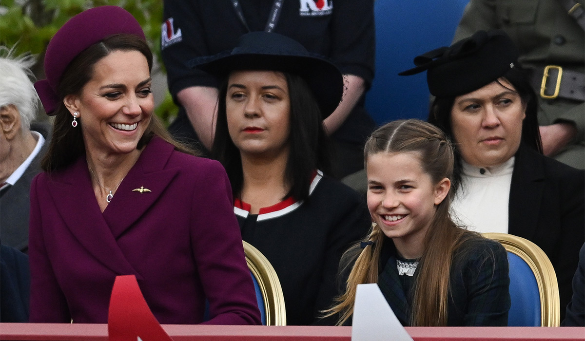 Catherine Princess of Wales and Princess Charlotte in the sitting area on The Mall during the Military Parade to Mark the 80th Anniversary of VE Day. Pic: REX
