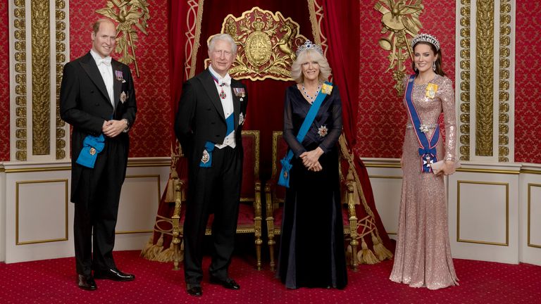 The new Princess of Wales wax figure alongside her husband, Prince William and King Charles and Queen Camillia.
Pic: Madame Tussauds London/PA