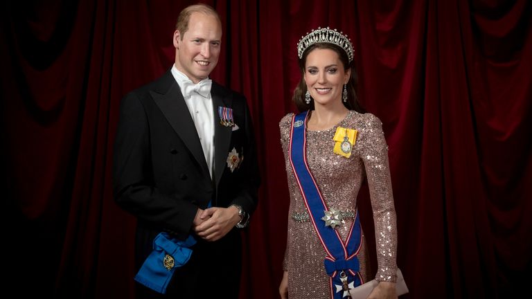 The new Princess of Wales wax figure that will stand alongside her husband, Prince William, at the Baker Street attraction's Royal Palace Experience.
Pic:Madame Tussauds London/PA