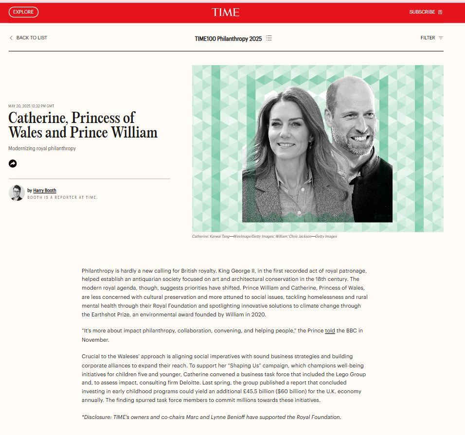 Photo of Catherine, Princess of Wales, and Prince William, with article about their modernizing approach to royal philanthropy.