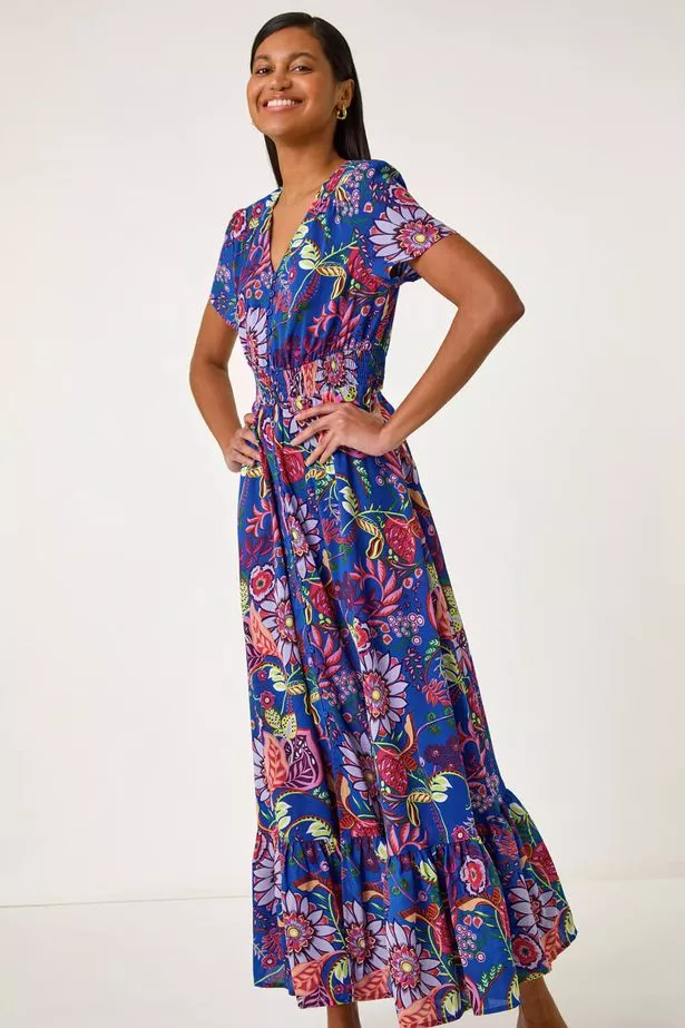 Roman Royal Blue Rose Print Button Detail Maxi Dress