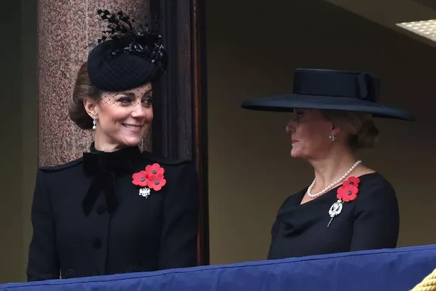 LONDON, ENGLAND - NOVEMBER 10: Catherine Princess of Wales and Sophie, Duchess of Edinburgh smile as they stand from the balcony during the National Service of Remembrance at The Cenotaph on November 10, 2024 in London, England.  Each year members of the British Royal Family join politicians, veterans and members of the public to remember those who have died in combat. (Photo by Chris Jackson/Getty Images)