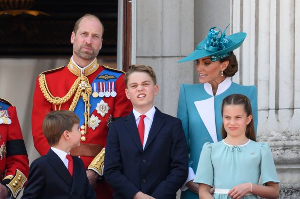 LONDON, ENGLAND - JUNE 14: Prince Louis of Wales, Prince William, Prince of Wales, Prince George of Wales, Catherine, Princess of Wales and Princess Charlotte of Wales on the balcony at Buckingham Palace during Trooping The Colour 2025 on June 14, 2025 in London, England. Trooping The Colour is a ceremonial parade celebrating the official birthday of the British Monarch. The event features over 1,400 soldiers and officers, accompanied by 200 horses. More than 400 musicians from ten different bands and Corps of Drums march and while performing. (Photo by Karwai Tang/WireImage)