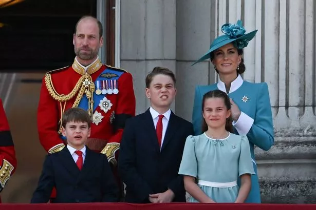 LONDON, UNITED KINGDOM  JUNE 14: Prince William (L), Catherine, Princess of Wales (R), Prince Louis of Wales (front L), Prince George of Wales (C), and Princess Charlotte of Wales (front R) appear on the balcony of Buckingham Palace to greet the public during the "Trooping the Colour" parade in London, United Kingdom, on June 14, 2025. The parade has marked the official birthday of the British monarch for over 250 years. (Photo by Rasid Necati Aslim/Anadolu via Getty Images)