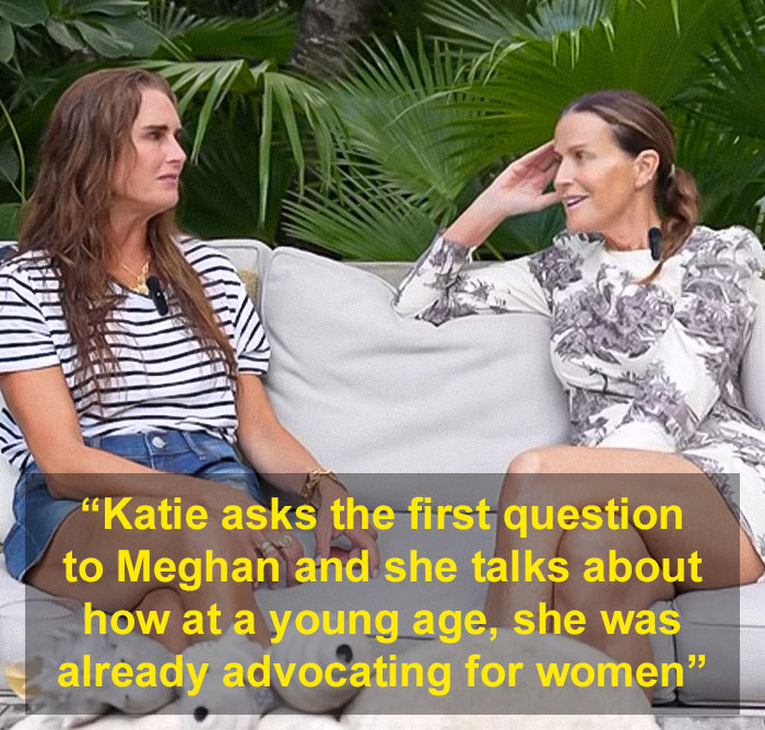 Brooke Shields podcast interview discussing Meghan Markle and reactions to criticism in an outdoor setting with casual conversation. Brooke Shields podcast interview discussing Meghan Markle and reactions to criticism in an outdoor setting with casual conversation.