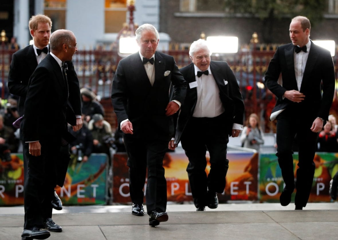 Four people walk up a step onto a stone floor.