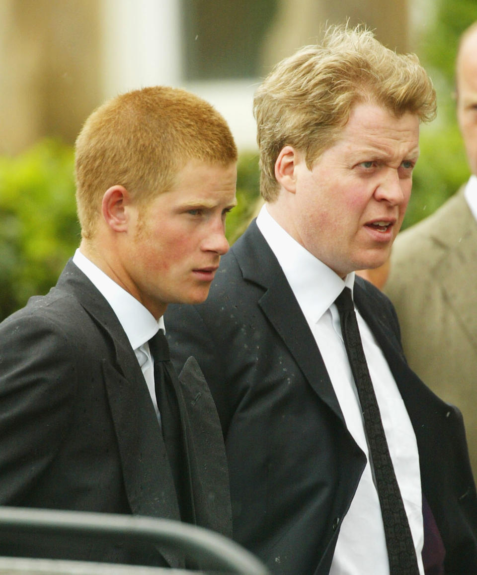 Earl Spencer (R) and his nephew Prince Harry follow the coffin of Spencer's mother Frances Shand Kydd from the Cathedral of Saint Columba on June 10, 2004 in Oban, Argyll & Bute, Scotland. Mrs Shand Kydd died last Thursday, June 3, at her home on the remote Isle of Seil, aged 68, after a long illness. (Photo by Christopher Furlong/Getty Images)