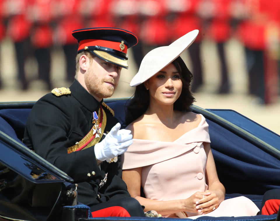 LONDON, ENGLAND - JUNE 09: Harry Duke of Sussex and Meghan Duchess of Sussex atend Trooping The Colour 2018 at Various Locations on June 9, 2018 in London, England. (Photo by Mike Marsland/Mike Marsland/WireImage)