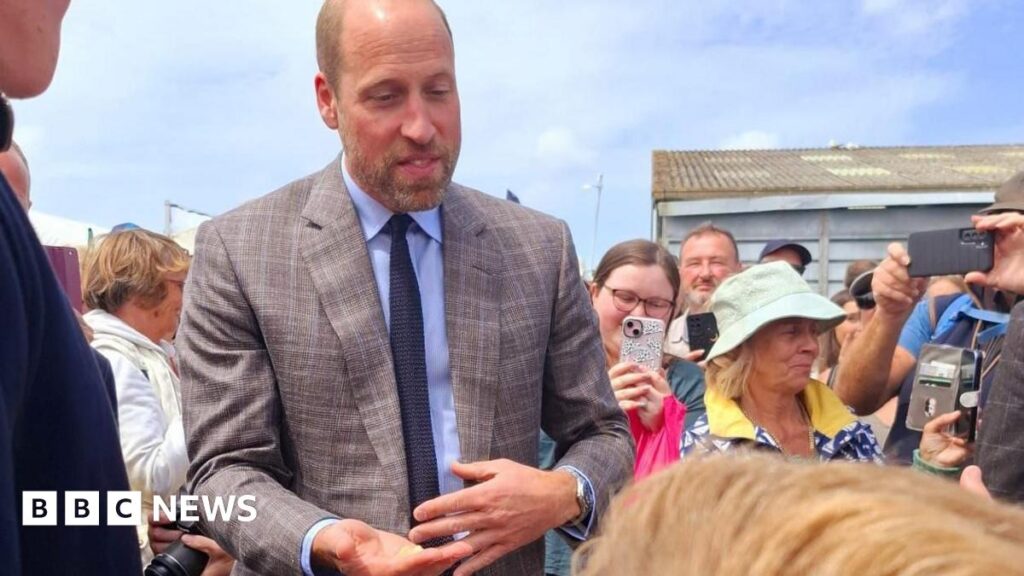 Prince William, dressed in a grey patterned suit with a light blue shirt and navy blue tie with his hand out accepting a crisp. There are people in the background taking photos on their phones.