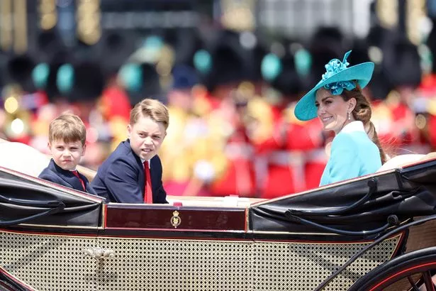 LONDON, ENGLAND - JUNE 14: Prince Louis of Wales, Prince George of Wales and Catherine, Princess of Wales arrive on an Ascot Landau carriage during Trooping The Colour 2025 on June 14, 2025 in London, England. Trooping The Colour is a ceremonial parade celebrating the official birthday of the British Monarch. The event features over 1,400 soldiers and officers, accompanied by 200 horses. More than 400 musicians from ten different bands and Corps of Drums march while performing. (Photo by Chris Jackson/Getty Images)