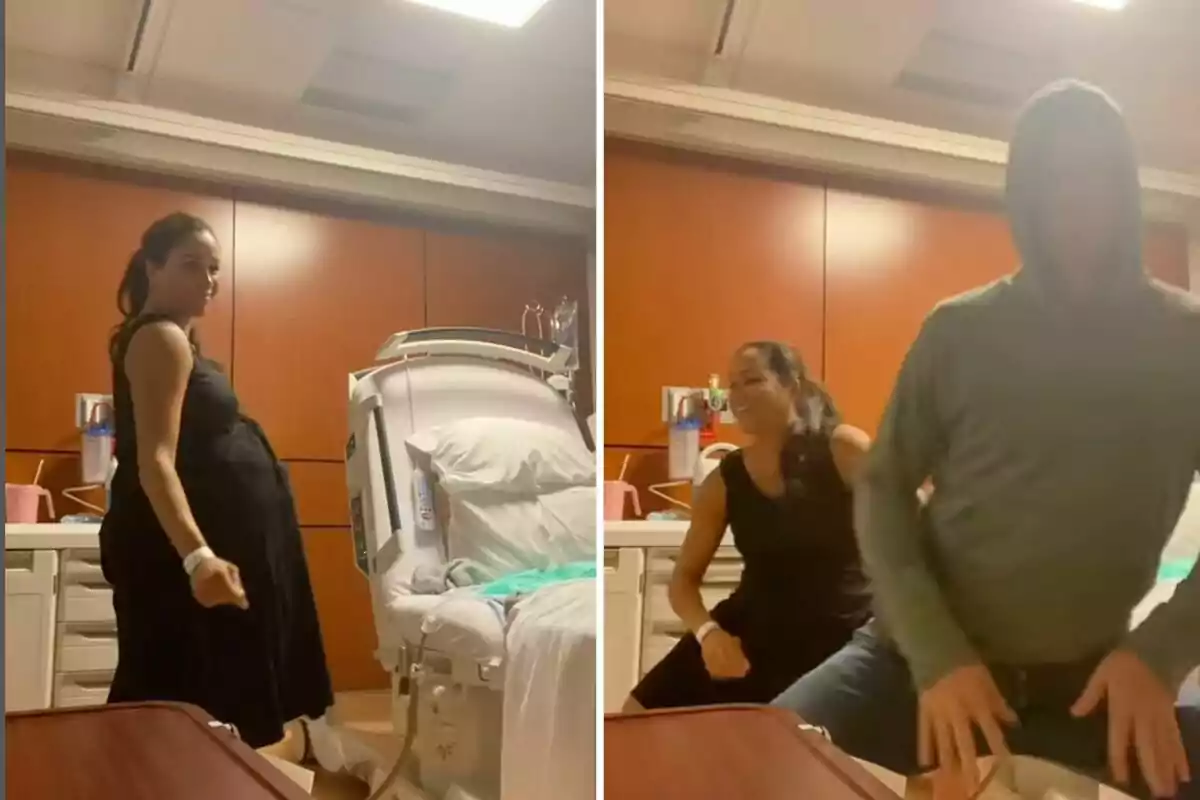 Meghan Markle, pregnant, dancing in a hospital room next to a medical bed and accompanied by Prince Harry in a sweatjersey.