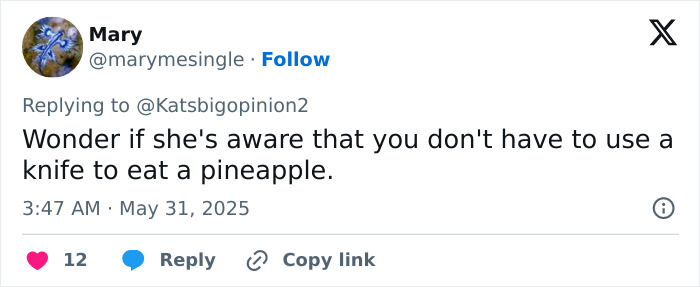 Tweet from Mary questioning the necessity of a knife to eat pineapple, related to Meghan Markle kitchen hack criticism. Tweet from Mary questioning the necessity of a knife to eat pineapple, related to Meghan Markle kitchen hack criticism.