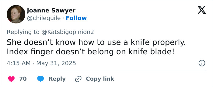 Tweet screenshot showing a user criticizing Meghan Markle’s kitchen hack, commenting on improper knife use. Tweet screenshot showing a user criticizing Meghan Markle’s kitchen hack, commenting on improper knife use.