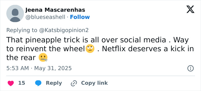 Screenshot of a Twitter reply criticizing Meghan Markle’s kitchen hack as overused on social media and calling for Netflix backlash. Screenshot of a Twitter reply criticizing Meghan Markle’s kitchen hack as overused on social media and calling for Netflix backlash.