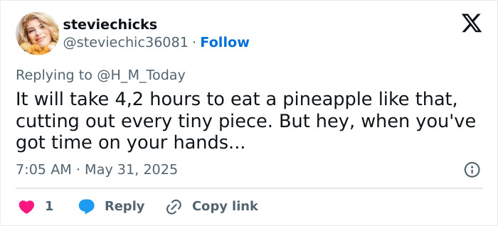 Screenshot of a tweet criticizing Meghan Markle’s kitchen hack for being time-consuming and impractical. Screenshot of a tweet criticizing Meghan Markle’s kitchen hack for being time-consuming and impractical.