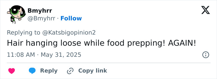 Tweet from user Bmyhrr commenting on hair care while food prepping, relating to Meghan Markle hack criticism. Tweet from user Bmyhrr commenting on hair care while food prepping, relating to Meghan Markle hack criticism.
