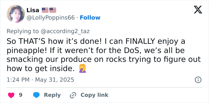 Screenshot of a Twitter reply criticizing Meghan Markle’s kitchen hack for pineapple preparation, sparking backlash online. Screenshot of a Twitter reply criticizing Meghan Markle’s kitchen hack for pineapple preparation, sparking backlash online.