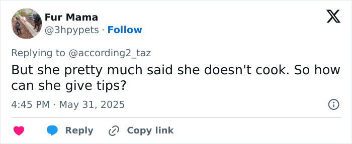 Twitter comment criticizing Meghan Markle after sharing her kitchen hack, questioning her cooking credibility. Twitter comment criticizing Meghan Markle after sharing her kitchen hack, questioning her cooking credibility.