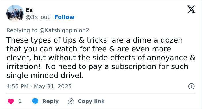 Screenshot of a social media reply criticizing Meghan Markle’s kitchen hack tips as common and annoying. Screenshot of a social media reply criticizing Meghan Markle’s kitchen hack tips as common and annoying.