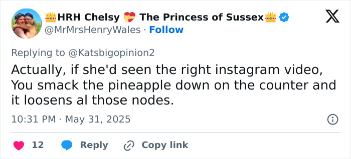 Screenshot of a social media reply discussing Meghan Markle’s kitchen hack involving pineapple preparation. Screenshot of a social media reply discussing Meghan Markle’s kitchen hack involving pineapple preparation.