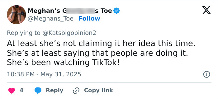 Screenshot of a tweet criticizing Meghan Markle after sharing her kitchen hack, sparking backlash online. Screenshot of a tweet criticizing Meghan Markle after sharing her kitchen hack, sparking backlash online.
