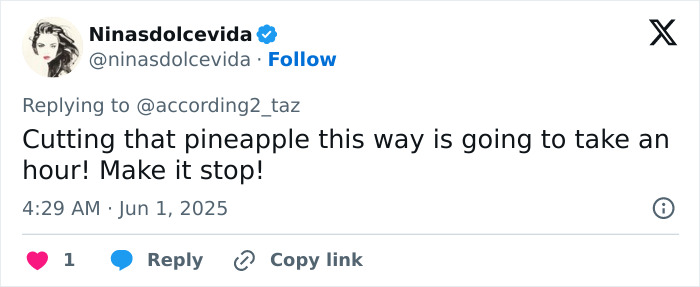 Screenshot of a Twitter reply criticizing Meghan Markle’s kitchen hack for cutting pineapple, sparking negative reactions online. Screenshot of a Twitter reply criticizing Meghan Markle’s kitchen hack for cutting pineapple, sparking negative reactions online.