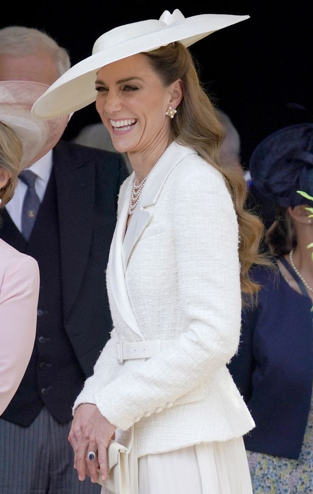 Britain's Britain's Catherine, Princess of Wales smiles as she attends the Order of the Garter service at St George's Chapel in Windsor Castle, west of London, on June 16, 2025. The Order of the Garter is the oldest and most senior Order of Chivalry in Britain, established by King Edward III nearly 700 years ago (Photo by Yui Mok / POOL / AFP) (Photo by YUI MOK/POOL/AFP via Getty Images)          