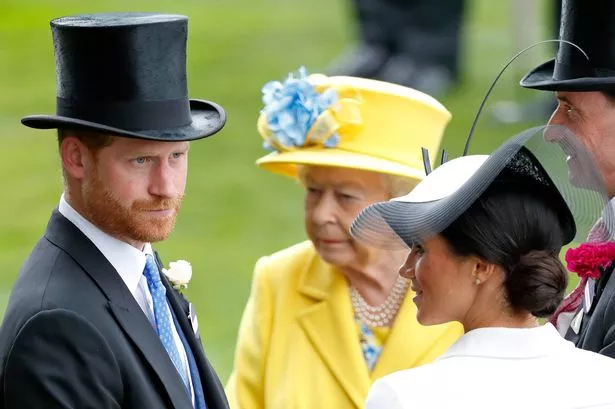 Prince Harry, Duke of Sussex, Meghan, Duchess of Sussex and Queen Elizabeth II attend day 1 of Royal Ascot