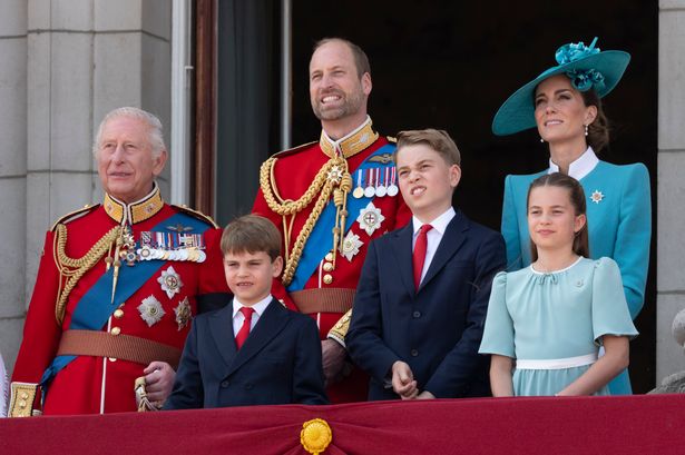 King Charles III with Prince William, Prince of Wales and Catherine, Princess of Wales, Princess Charlotte of Wales, Prince George of Wales and Prince Louis of Wales during Trooping The Colour 2025 on June 14, 2025 in London, England. 