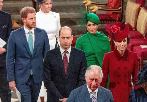 Prince Harry, Duke of Sussex (L) and Britain's Meghan, Duchess of Sussex (2nd R) follow Britain's Prince William, Duke of Cambridge (C) and Britain's Catherine, Duchess of Cambridge (R) as they depart Westminster Abbey after attending the annual Commonwealth Service in London on March 9, 2020