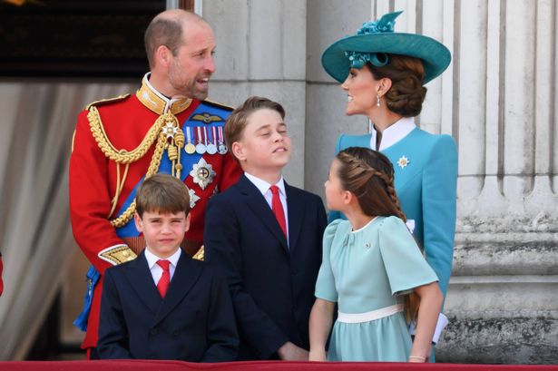 Prince Louis of Wales, Prince William, Prince of Wales, Prince George of Wales, Catherine, Princess of Wales and Princess Charlotte of Wales on the balcony at Buckingham Palace during Trooping The Colour 2025