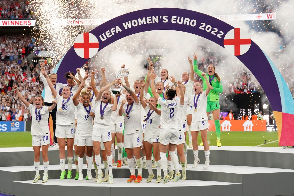England's women's football team celebrates winning the UEFA Women's Euro 2022 championship.