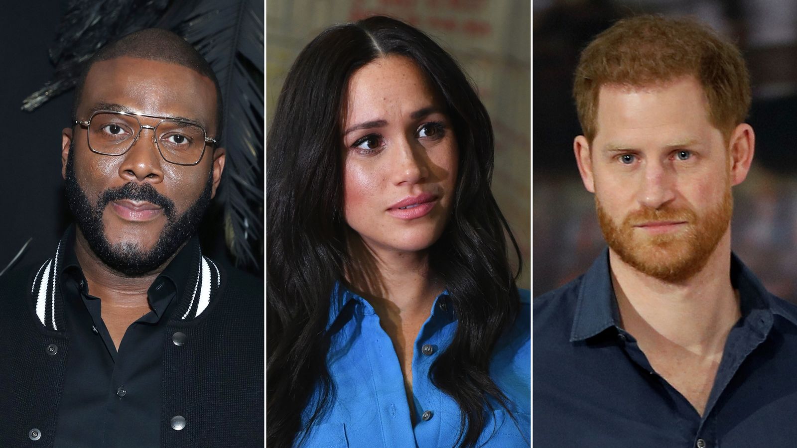 A three-panel composite image showing close-up portraits of Tyler Perry, Meghan Markle, and Prince Harry side-by-side.