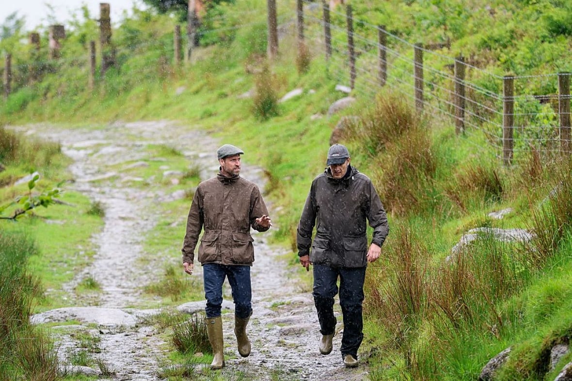 Two people walk down a stony track with grass on either side.