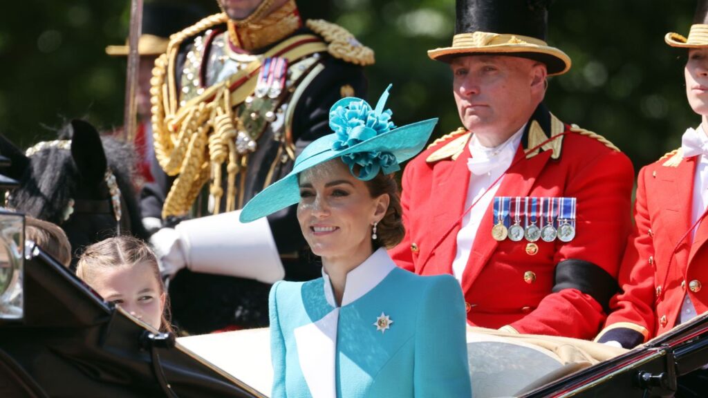 A touching nod: Kate Middleton, the Princess of Wales, channels Princess Diana in a turquoise Catherine Walker coat dress for Trooping the Colour 2025