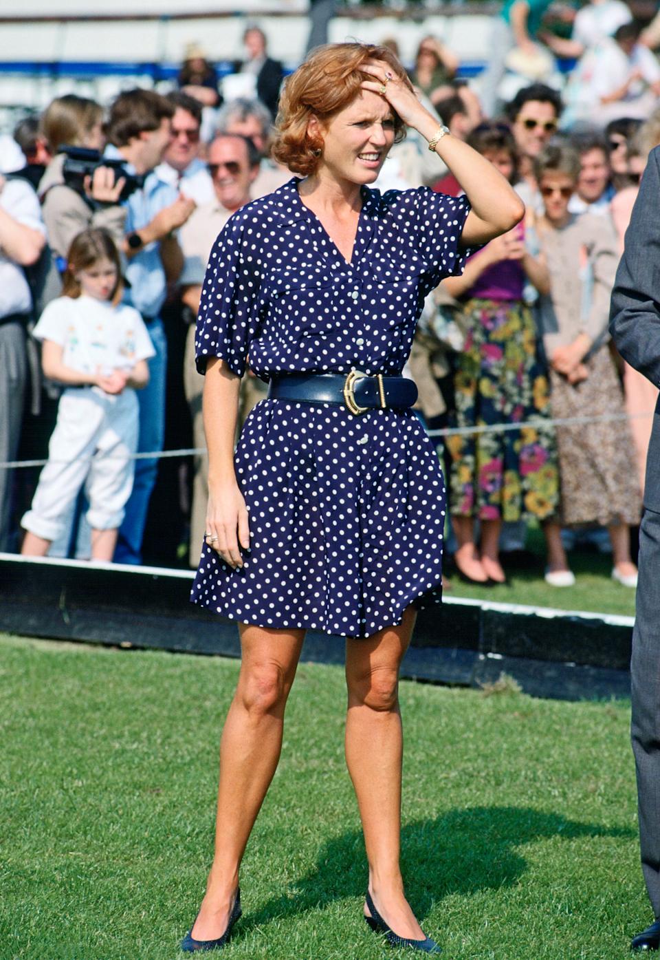 Sarah Ferguson wearing two different polka-dot outfits