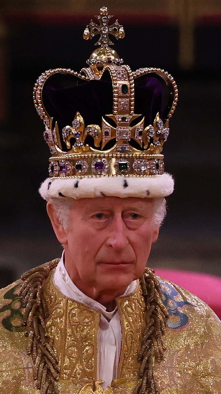 Britain's King Charles III with the St Edward's Crown on his head attends the Coronation Ceremony