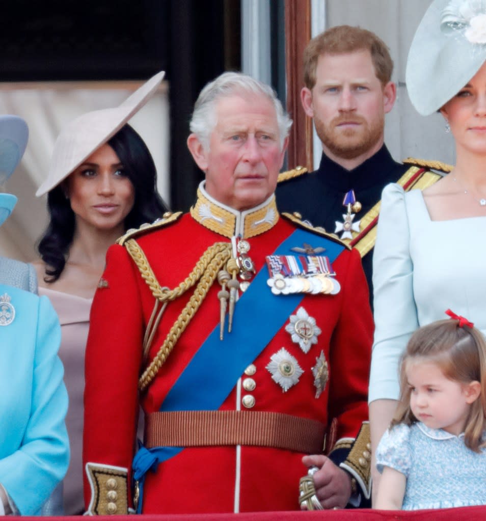 Meghan Markle, King Charles and Prince Harry on the balcony of Buckingham Palace at Trooping the Colour 2018. Getty Images